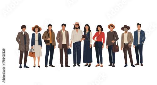 Diverse group of stylish, fashionable young adults standing together casually in trendy attire