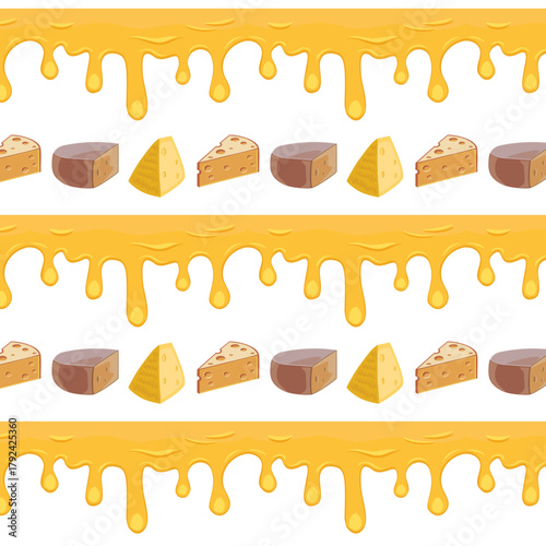 Dripping cheese background and cheese pieces.Vector seamless pattern of cheese pieces and dripping cheese wonton on white background.