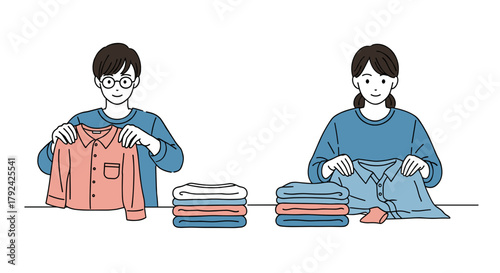 Couple folding clothes together, household chores and organizing lifestyle, neat, clean