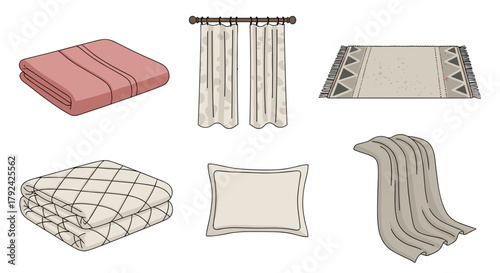Cozy home decor essentials including blankets, pillows, rug, and curtains