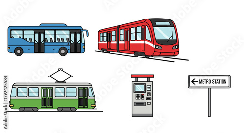 Efficient public transport system featuring bus, metro train, tram and ticket machine.