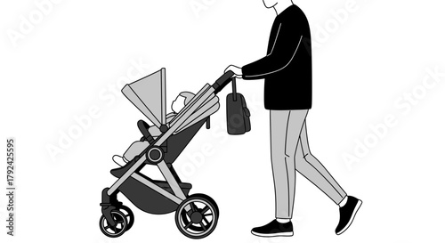 A loving father strolls with his baby in the stroller, creating precious moments of family connection.