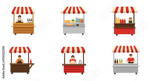 Vibrant market stall illustrations for food festivals and street fair designs, vendor concepts
