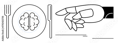 Robotic hand reaching towards a plate with a brain alongside knife and fork. Ideal for AI innovation, technology ethics, artificial intelligence, automation, machine learning, futuristic concepts