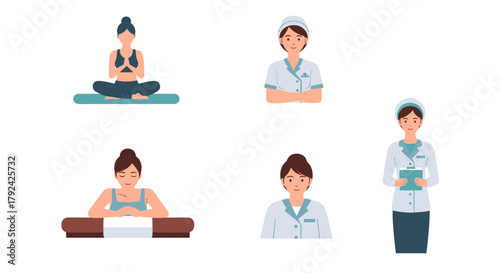 Diverse wellness professionals set for healthcare, yoga, and relaxation promotion needs