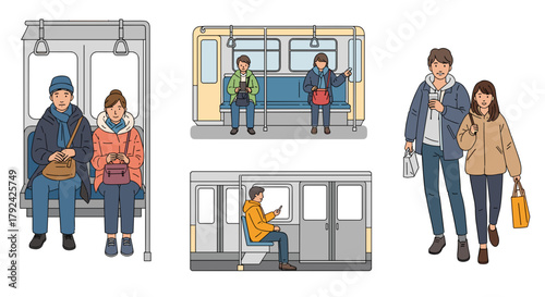 Modern city commuters riding public transit subway train, people transportation concept