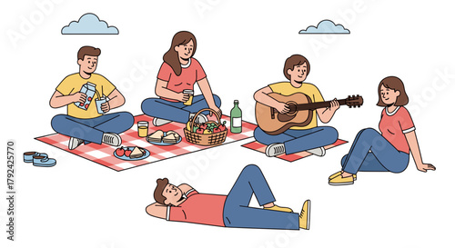 Friends enjoying summer picnic with guitar and food, relaxing outdoors in the sunshine