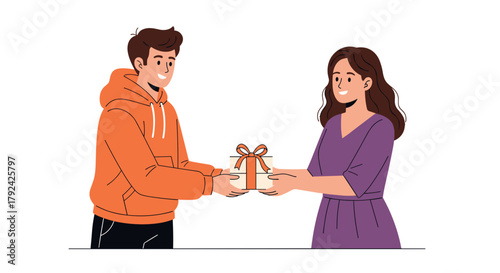 Thoughtful young man giving a present to a woman, expressing care and love together