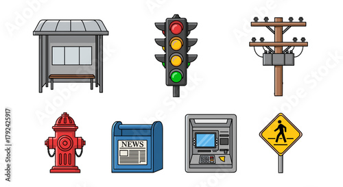 City elements icons convey urban lifestyle with pedestrian crossing and bus stop design