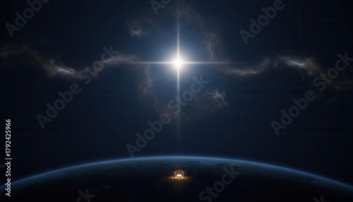 Nativity scene on planet Earth viewed from space. The Star of Bethlehem shines above the manger. Christian Christmas holiday concept of the birth of Jesus