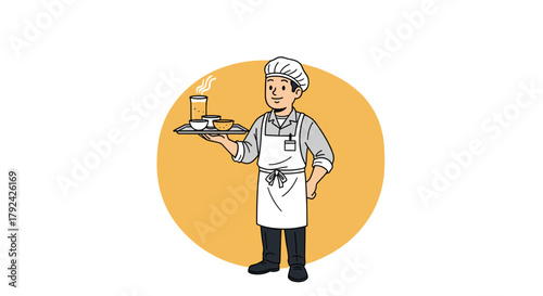 Dedicated chef carrying tray with drinks and food in bright kitchen, ready to serve