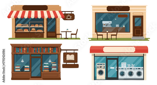 Charming storefront illustrations: Bakery, coffee shop, bookstore, and laundromat designs