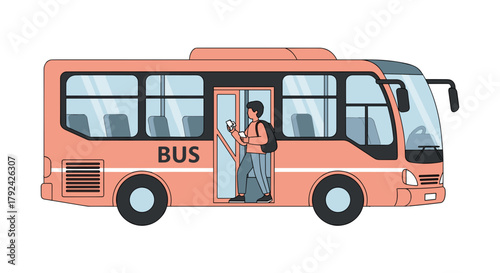 Student with backpack boarding a coral public bus using phone for digital ticket