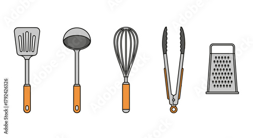 Essential cooking utensils for modern kitchens, culinary tools, food preparation items