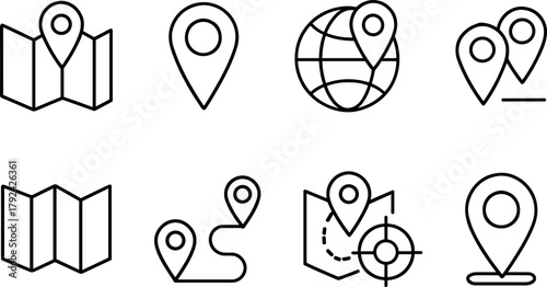 Location and navigation icons set. Map pin, route, destination, global positioning. Outline vector illustrations