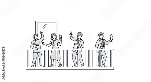 Cheers to success! Team celebrates project win on balcony with drinks, showing unity