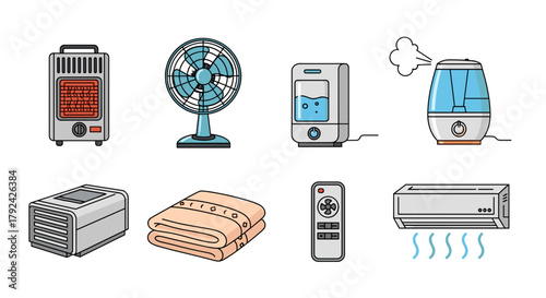 Climate control devices for home comfort: heater, fan, humidifier and air conditioner