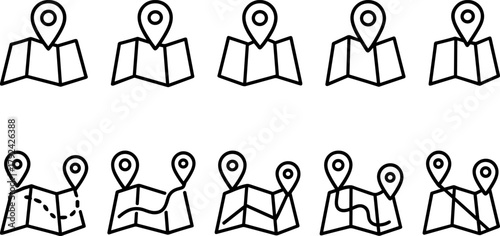 Location and navigation icons set. Map pin, route, destination, global positioning. Outline vector illustrations