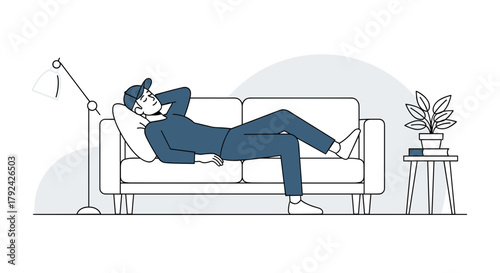Man relaxing on a sofa after work, enjoying a peaceful moment of rest and relaxation
