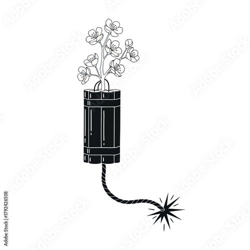 Black silhouette of a bomb with flowers in its casing silhouette