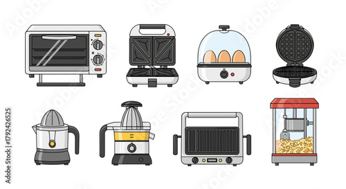 Modern kitchen appliances set for cooking and food preparation, ideal for culinary themes