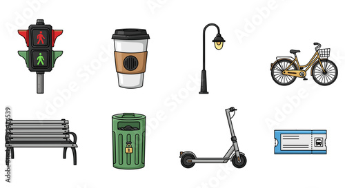 Modern city life vector icons illustrating urban commuting and daily routines, clean style