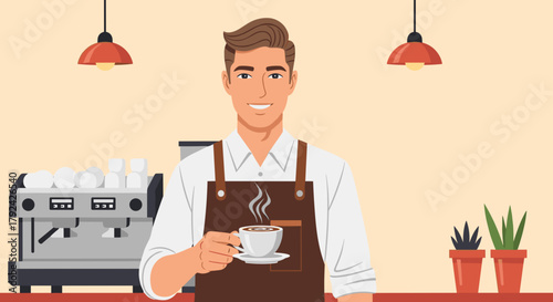 Friendly barista offering freshly brewed coffee, modern cafe atmosphere and great service