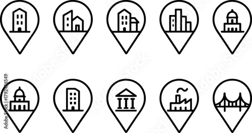 Location and navigation icons set. Map pin, route, destination, global positioning. Outline vector illustrations