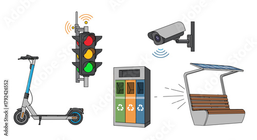 Smart city solutions: Electric scooter, traffic light, security camera, bench, waste bin