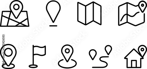 Location and navigation icons set. Map pin, route, destination, global positioning. Outline vector illustrations