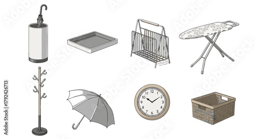 Stylish home accessories vector set for interiors, organization and decoration projects