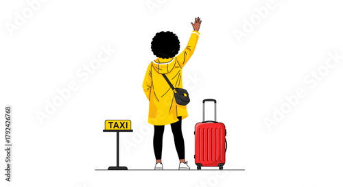 Stylish traveler hailing taxi, ready for adventure and city exploration, travel lifestyle