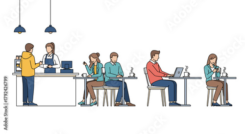 People enjoying cafe scene and atmosphere with barista and customers in modern style