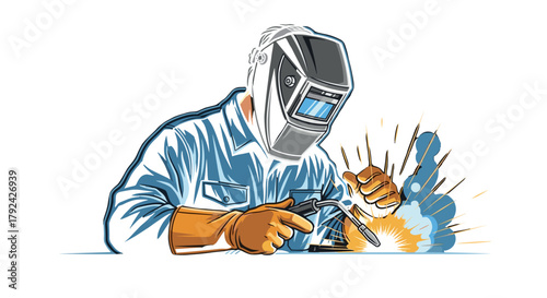Skilled welder crafting metal with sparks, safety and precision in industrial work