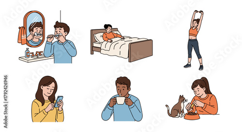 Daily routine of diverse people enjoying morning coffee, brushing teeth, pet feeding, phone
