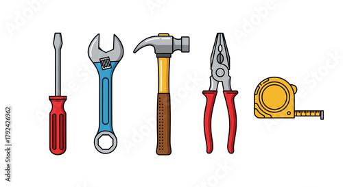 Essential tools collection for DIY projects and home improvement tasks, vector illustration