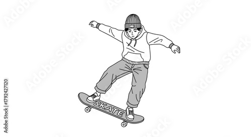 Young man skateboarding, beanie-wearing skater performing trick with skill and balance