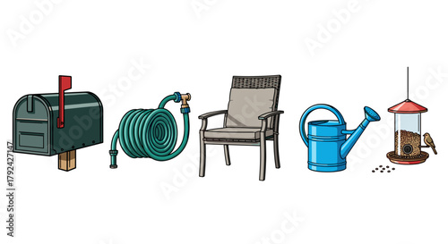 Outdoor living icons collection for gardening, relaxation, and nature enjoyment, vector art