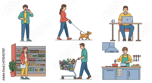 Diverse people in daily life activities, cooking, shopping, working, walking, home life