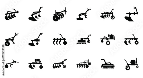 Versatile collection of plow icons for agricultural design projects and farming illustrations