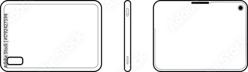 Tablet front back side technical outline minimalist device mockup smart screen gadget drawing clean ui hardware spec cad drawing flat vector illustration
