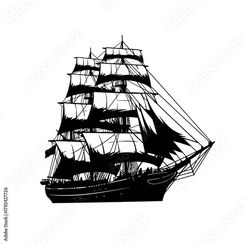Vintage tall ship sailing on the open sea silhouette