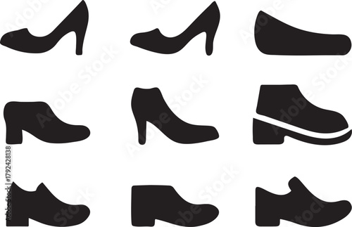 Flat Style Boys’ and Girls’ Shoes Icon Set – 8 Fashion Footwear Vector Symbol Design.


