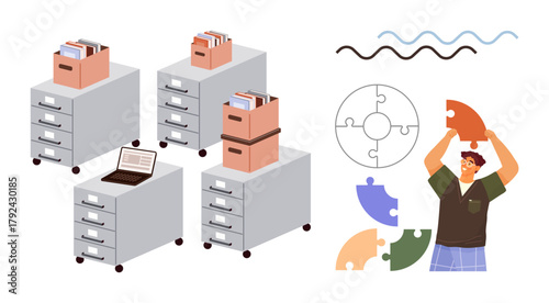 File cabinets with stacked boxes and papers, a laptop, and a person holding puzzle pieces. Ideal for teamwork, organization, problem-solving, data management, creativity, planning and innovation