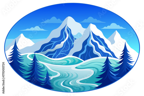 vector illustration cartoon mountain landscape with snowy peaks and pine trees, isolated on pure white background