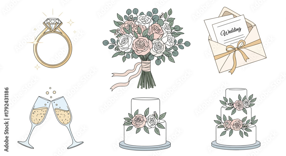Obraz premium A collection of hand-drawn illustrations depicting elements of a wedding celebration, including a diamond ring, a bridal bouquet, wedding invitations, champagne glasses, and wedding cakes.