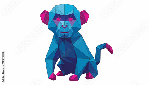 A low-poly geometric illustration of a blue monkey with pink accents sitting down.