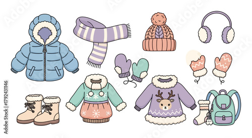 Collection of winter clothing and accessories, including jackets, scarves, hats, gloves, and boots.