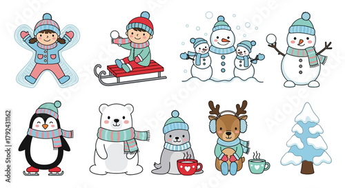 Cute winter themed cartoon illustrations including children, snowmen, and animals.