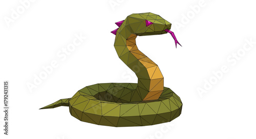 A green low-poly snake with a yellow belly and purple spikes, coiled up with its forked tongue out on a white background.